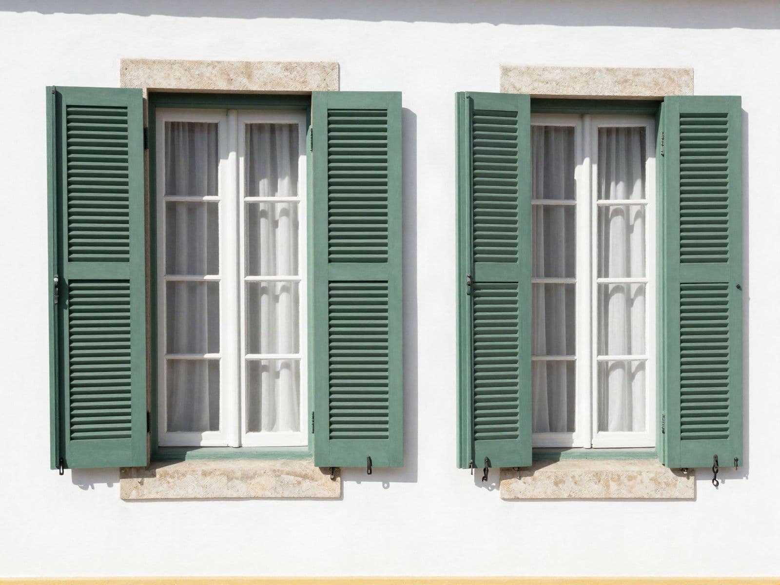 Portadas exteriores de lâminas verdes abertas em janelas de uma casa branca